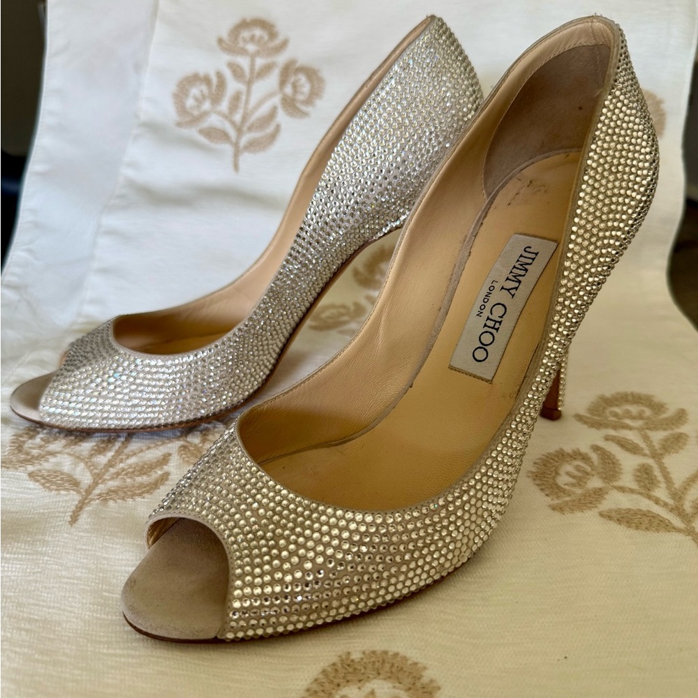 Jimmy Choo Suede Crystal Silver Peep-Toe Heels Size 38